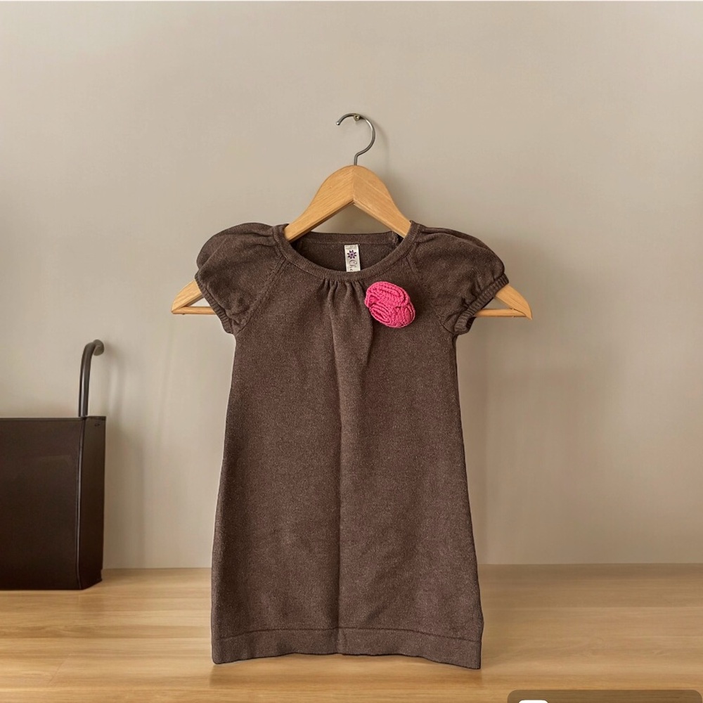 3/$22 Cherokee Toddler Girl Brown Sweater Dress Pink Flower SZ 3T Short Sleeves